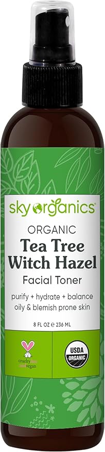 Sky Organics Organic Tea Tree & Witch Hazel for Face, Purifying Facial Toner to Hydrate, Soothe, Cleanse and Balance Blemish-Prone Skin, Helps Minimize The Appearance of Pores, 8 fl oz