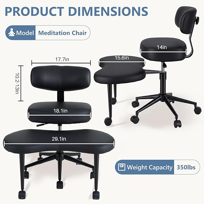 DUMOS Ergonomic ADHD Cross Legged Office Desk Chair with Adjustable Backrest, Height Adjustable Meditation Chair with 360° Swivel Footstool, PU Leather Yoga Stool for Home Office, Black
