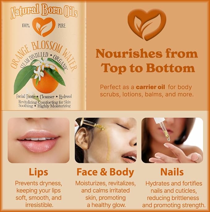 Natural Born Oils 16oz Orange Blossom Water Hydrosol, 100% Pure and Natural, Organic, Steam-distilled, Facial Toner Cleanser, with Sprayer