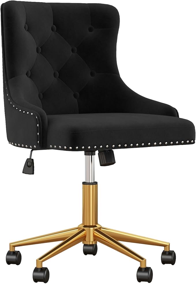 Velvet Armless Home Office Desk Chair, Swivel Height-Adjustable Small Cute Vanity Chair for Women/Girls, Comfy Makeup Chair with Rivet and Gold Base for Living Room, Bedroom(Black)