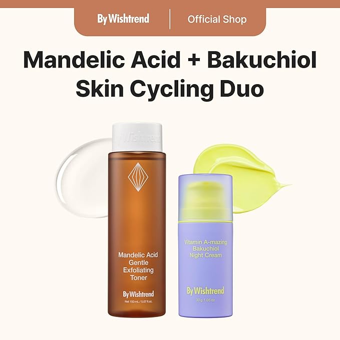 BY WISHTREND Skin Cycling Duo with 5% Mandelic Acid Gentle Exfoliating Toner & Vitamin A-mazing Bakuchiol Retinal Night Cream