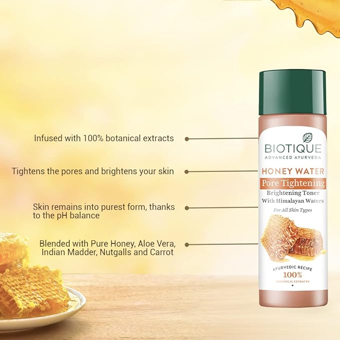 Biotique Bio Honey Water Clarifying Toner, 120ml (4.05 Oz.) I With Himalayan Water I All Skin Type I Blended With Pure Honey, Aloe Vera, Manjishtha, Nutgalls, Carrot, Sandalwood And The Fresh Waters