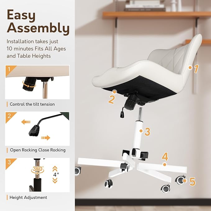 Armless Desk Chair, Morden Home Office Chair no Arms, Adjustable Height & Rocking Computer Chair, PU Leather Vanity Chair, Ergonomic Seat Soft Padded Desk Chairs for Home Small Space, White
