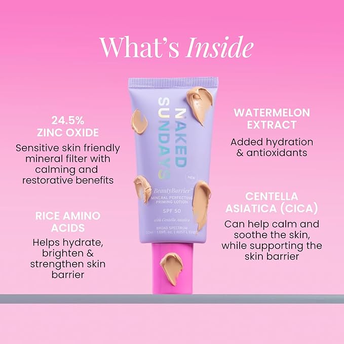 Naked Sundays BeautyBarrier Mineral Perfecting Priming Lotion SPF 50 – Sensitive Skin Mineral Sunscreen Primer with Zinc Oxide & Centella Asiatica (Cica), 50ml