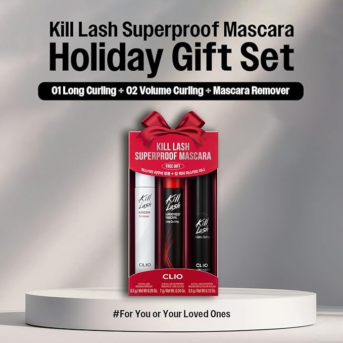 CLIO Kill Lash Superproof Mascara Holiday Gift Set, Waterproof Lash Set with Long Curling, Volume Curling Mini and Remover, Smudge-Resistant Long Wear (001 Plus 002 Mini Plus Remover)
