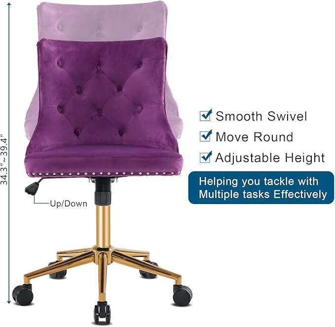 VINGLI Dark Purple Armless Home Office Desk Chair with Gold Base/Wheels, Small Cute Vanity/Makeup Chair with Back for Bedroom, Upholstered Adjustable Rolling Swivel Nail Chair for Women/Girls