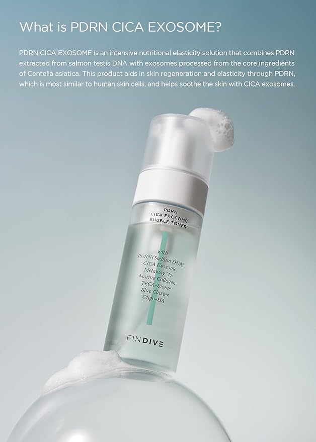 FINDIVE Official PDRN CICA Exosome Bubble Toner, PDRN (Sodium DNA) 1,000ppm, CICA Exosome 1,000ppm, Marin Collagen, Soothes, Regenerates Skin, Korean Skincare 5.07fl.oz