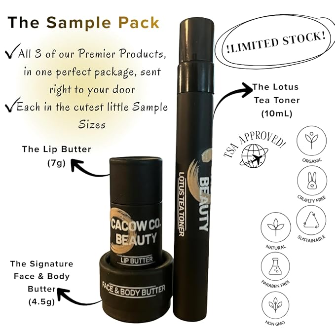 The Sample Pack - Travel Size of our 3 Signature Products - The Lip Butter, The Face & Body Butter, The Lotus Tea Toner