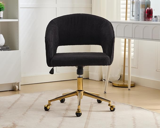 Home Office Chair Swivel Corduroy Fabric Desk Chair Accent Armchair Upholstered Modern Tufted Chairs with Gold Base for Girls Women Ergonomic Study Seat Computer Task Stools for Living Room(Black)