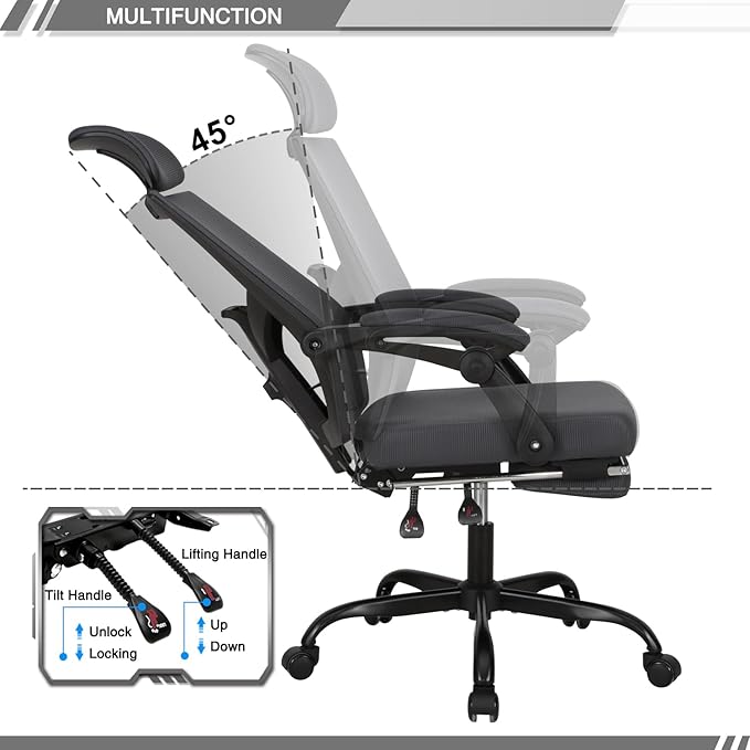 Qulomvs Mesh Ergonomic Office Chair with Footrest Home Office Desk Chair with Headrest and Backrest Adjustable Computer Executive Desk Chair with Wheels 360 Swivel Task Chair