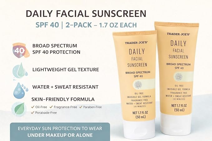 Trader Joe’s Daily Facial Sunscreen SPF 40, Invisible Gel Formula, Oil Free, Fragrance Free, Water & Sweat Resistant, 1.7 oz (Pack of 2)