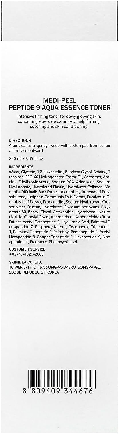 Medi-Peel Peptide 9 Aqua Essence Toner 250ml, Facial Toner for Elasticity, Moisturizing Toner, Collagen Firming, Anti-Aging, Glow Skin, Collagen, Hyaluronic Acid, Korean Skincare, for All Skin Types