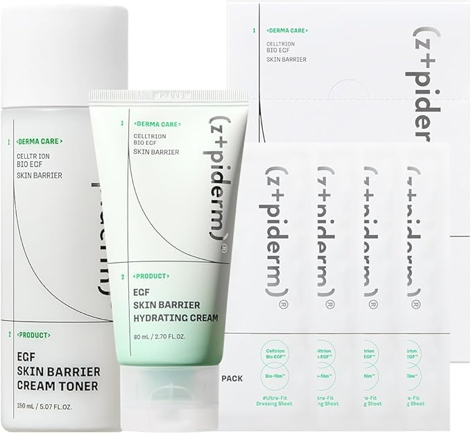 Zipiderm EGF Skin Barrier Moisture Care Set – Cream Toner + Hydrating Gel Cream + Dressing Sheet Masks(4EA), Korean Hydrating & Calming Routine for Sensitive, Combination & Acne-Prone Skin
