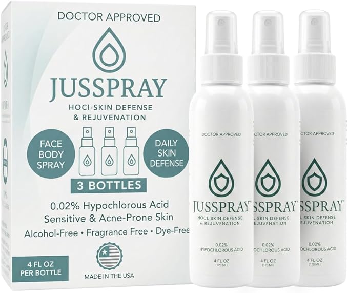 JusSpray™ Hypochlorous Acid Spray for Face and Skin | HOCI Facial Cleanser Mist | 4 oz Hypochlorous Acid for Face, Skin, Acne, Eczema, Body Acne Sprays, Piercing Aftercare, Wound Solution