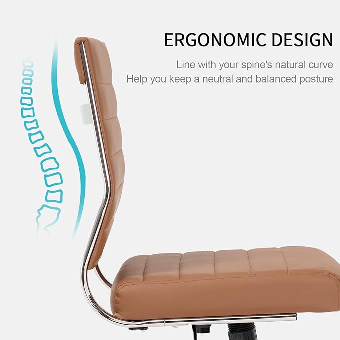 Okeysen Brown Armless Office Desk Chair, Mid Back Ergonomic Swivel Conference Room Chairs, Adjustable Height PU Leather Home Desk Chair, Modern Small Rolling Computer Task Chair