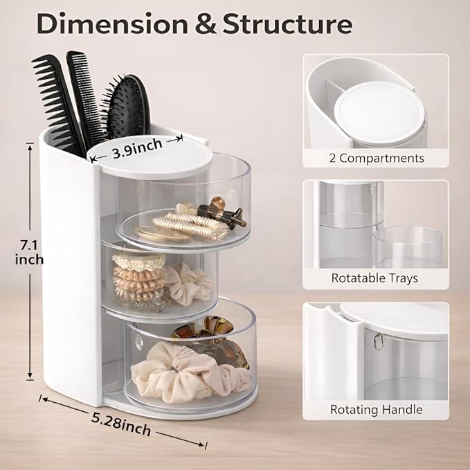 Hair Accessories Organizer with Hair Brush Holder, Rotating Makeup Brush Caddy for Girls Women, 3-Tier Clear Storage for Hair Clips, Ties, Jewelry & Necklaces, White
