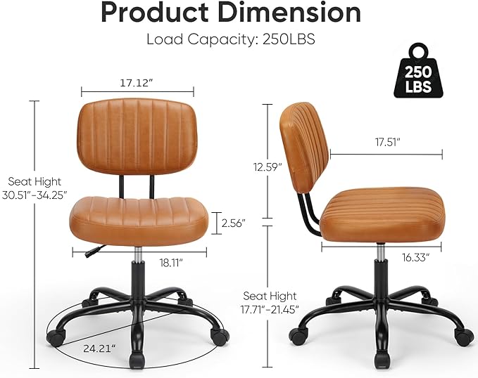 DUMOS Small Office Desk Chair - Armless PU Leather with Comfy Lumbar Support, Height Adjustable Rolling Swivel Task for No Arms, for Adult, Student, Bedroom, Home, Vanity, Brown