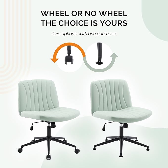VINGLI Criss Cross Legged Chair,Wide Comfy Office Desk Chair,Dual-Use with/no Wheels Computer Task Chair,Swivel Armless Vanity Rolling Chair for Study,Make Up,Home Office,Cat Scratch PU,Mint Green
