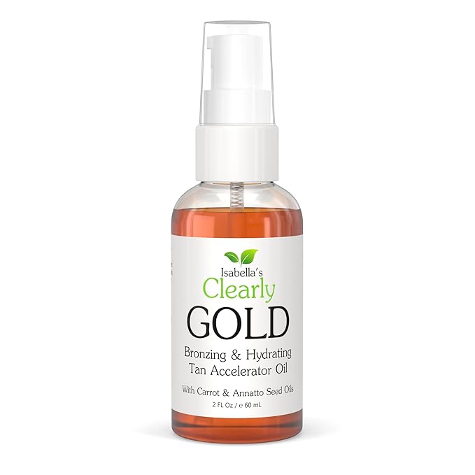 Isabella's Clearly GOLD, Natural Indoor and Outdoor Tanning Oil with Bronzer | Moisturizing Sun Tan Accelerator for a Healthy Bronze Glow with Carrot Seed Oil | Made in USA