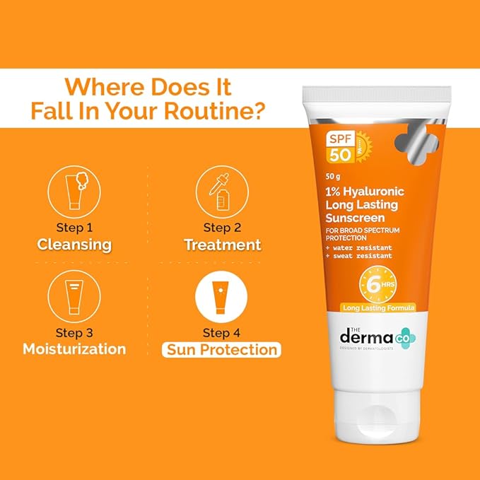 The Derma Co 1% Hyaluronic Long Lasting Sunscreen Spf 50 Pa++++ With Hyaluronic Acid & Vitamin E For Broad Spectrum Protection- 50 G, All Skin Types | Water & Sweat Resistant