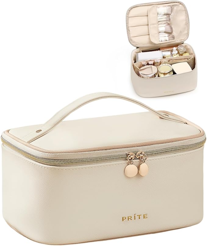 Prite Makeup Bag, Large Capacity Portable Travel Cosmetic Bag, Waterproof Makeup Organizer for Women with Handle and Divider (001 Beige)