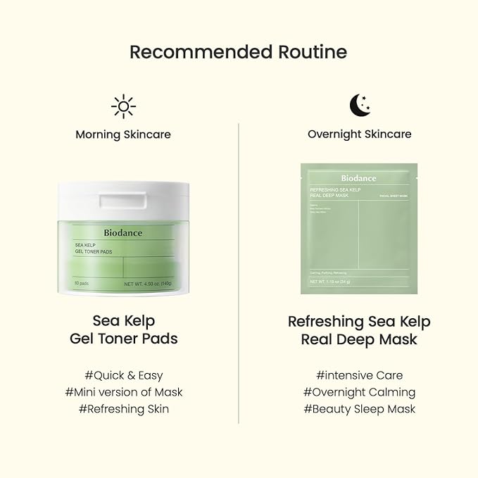 BIODANCE Sea Kelp Day & Night Gel Duo: Sea Kelp Mask & Toner Pads Set, Calming, Soothing, Oil Sebum Control for Sensitive Oily Skin, Korean Skin Care, Skin Care Set