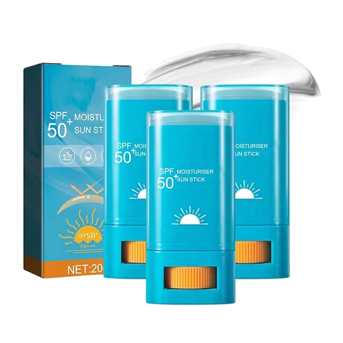 Moisturizing Sunscreen Stick SPF 50+, Korean Sunscreen Stick for Face & Body, Water Resistant & Lightweight, Effective UV Protection Sunblock Sticks for All Skin Types, No Cast White, 0.7 Oz (3pc)