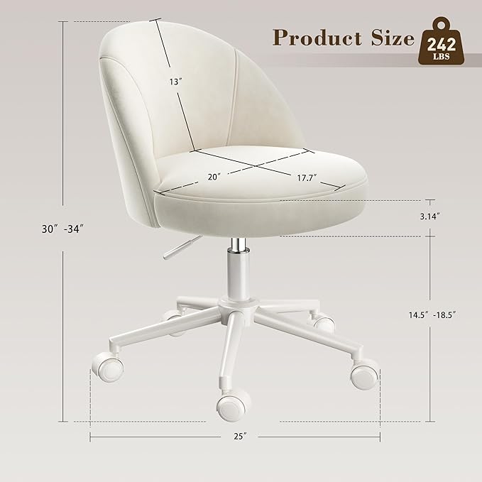 EnHomee Vanity Chair with Wheels, Small Office Chair with Back, Cute Armless Desk Chair for Makeup Room, Home Office,Bedroom, White