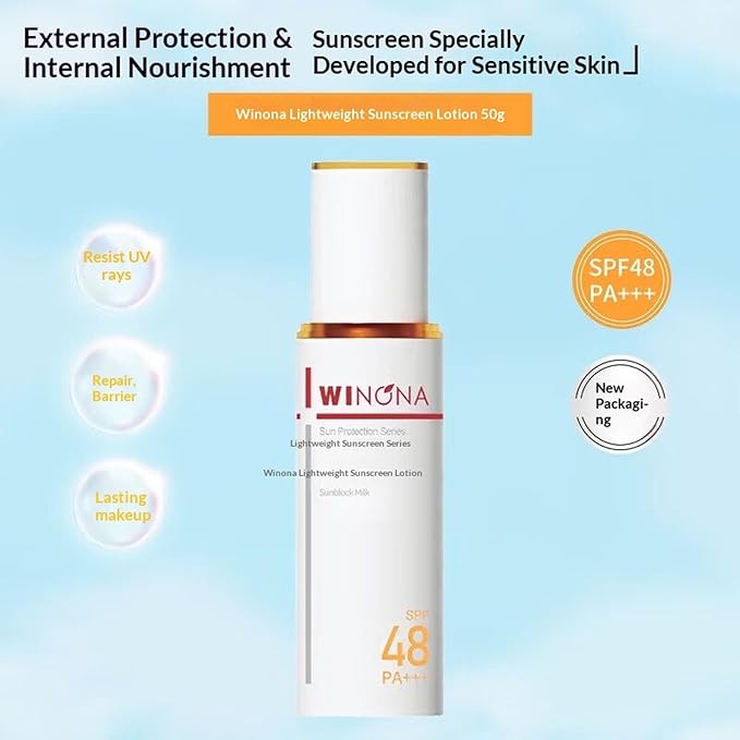 WINONA Clear Sunscreen Lotion SPF48 PA+++, Lightweight Sunblock Milk 50g, Broad-Spectrum UV Protection, Non-Comedogenic, Sensitive Skin