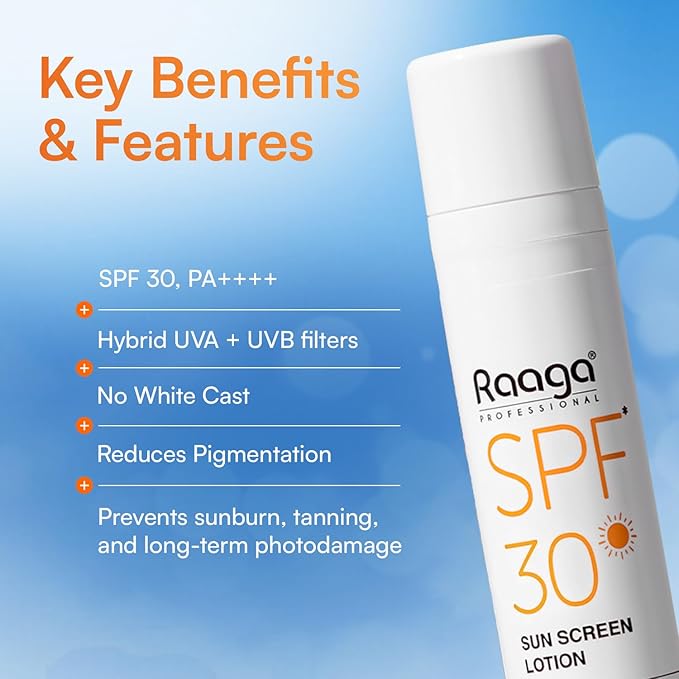 Raaga Professional Sunscreen Lotion SPF 30 | Broad Spectrum UVA & UVB Protection | Lightweight, Non-Greasy & Water-Resistant | Keeps Skin Hydrated | For All Skin Types | 1.86 Fl Oz/55ml