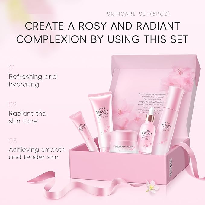 Cherry Blossom Skin Care Gift Set for Teenage Girls Women, 5 Piece Hydrating & Cleaning Skincare Sets Routine Kit with Cleanser , Toner, Serum, Eye Cream, Essence Cream Anti-Aging Skin