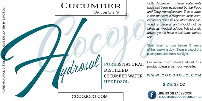 Dr Joe Lab Cucumber Hydrosol Spray Toner for face Floral Water Hydrating Mist, Pure and Natural for All Skin Types COCOJOJO - 32 oz