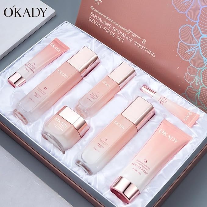 Squalane 7-Piece Skincare Set for Hydrating & Moisturizing - Cleanser, Toner, Serum, Cream - Non-Greasy, Lightweight, Soothes Skin & Brightens (Squalane Radiance Comfort Seven-Piece Set)