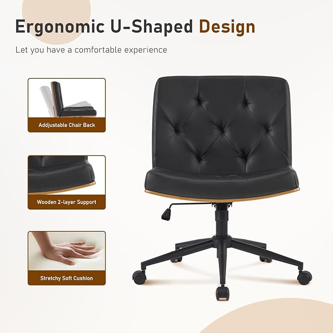 Furnimart Heavy-Duty Curved FSC Wood Desk Chair 360° Swivel, Faux Leather Criss Cross Chair with Wheels Wide Seat, Comfy Armless Cross Legged Sitting for Bedroom, Office, Vanity (PU Black)