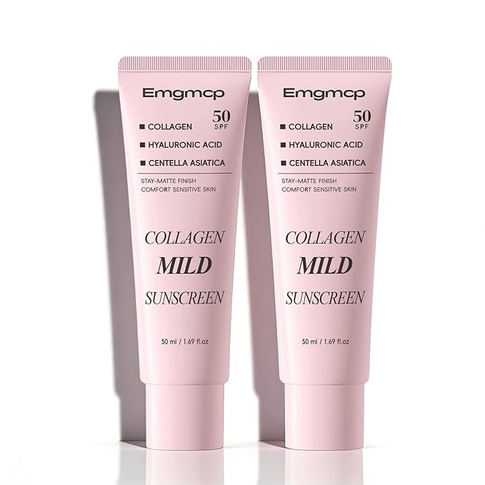 Collagen Mild Sunscreen, SPF 50 Broad Spectrum Facial Sunscreen, Lightweight Non-Greasy No White Cast, Hydrating Formula with Peptide & Cica for Soothing & Natural Glow (2pc)