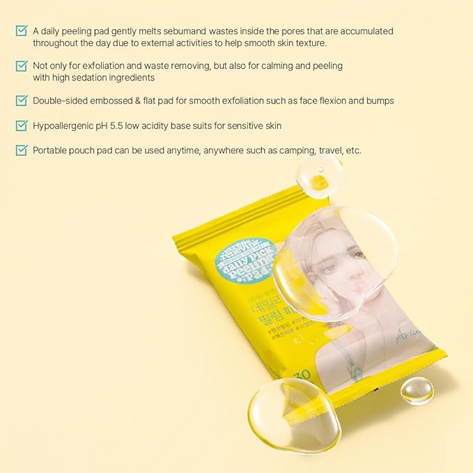 ARIUL Daily Pick Peeling Pads – Gentle Exfoliating Toner Pads with 50% Green Tea Water, Dual-Sided Vegan Fabric for Pore Care & Dead Skin Removal, Korean Skincare (30 Pads x 3 Pack)