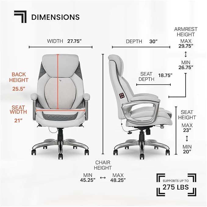 Sharper Image S600 Active Lumbar Ergonomic Bonded Leather Swivel Executive Massage Chair, White/Gray