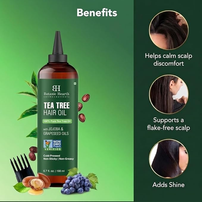 Botanic Hearth 100% Pure Tea Tree Hair Oil For Hair Growth & Hair Treatment Oils 6.7 Fl Oz | Infused with coconut Oil | Hair Oil Repairs Dry Damaged Hair, Strengthening, Healthier | All Hair Types