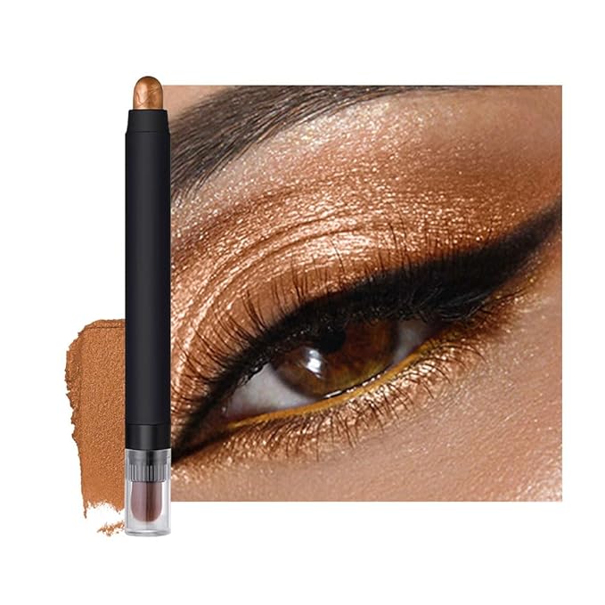 Shimmer Eyeshadow Stick –Copper Bronze Dual-Ended Creamy Pearl Eye Shadow Pencil with Built-In Smudger, Waterproof Long-Lasting High Pigment Eye Makeup for Smooth Glide 04#