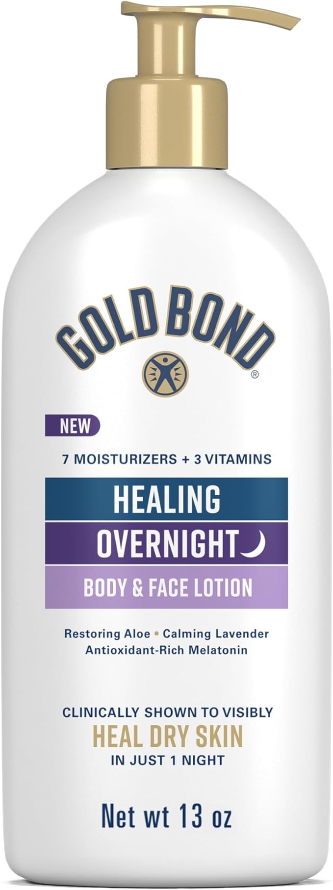 Gold Bond Healing Overnight Body & Face Lotion for Dry Skin, Nongreasy Moisturizer with Hyaluronic Acid, Aloe & Melatonin Works While You Sleep, 13 oz.