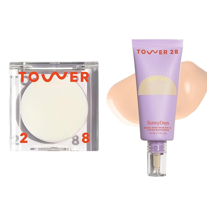 Tower 28 Beauty SunnyDays SPF 30 Tinted Mineral Sunscreen Shade 15, 1 FL OZ & Tower 28 Beauty SuperDew Shimmer-Free Highlight Balm