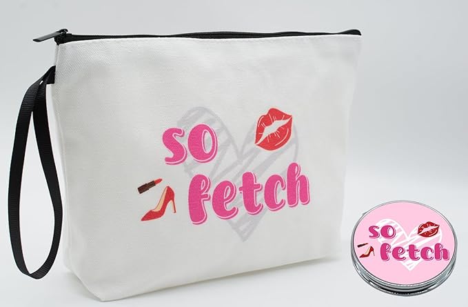 Personalized funny so fetch Makeup Bag set with Mirror for Women,cool white Cosmetic bag kit for Bride Bridesmaid with pink brush set,so fetch Gifts for Women Mom Girls femal Friends