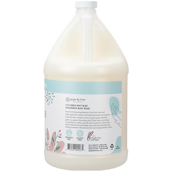 Ginger Lily Farms Botanicals Nourishing Body Wash, 100% Vegan & Cruelty-Free, Cucumber Mint Bliss Scent, 1 Gallon (128 fl oz) Refill