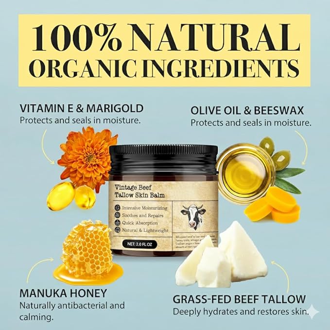 Beef Tallow Honey Balm for Sensitive Skin:100% Organic Grass-Fed Vintage Tallow Moisturizer For Face Cracked Hands Non-Greasy Nourishing Cream With Olive Oil - Eczema Safe All Skin Types 2 oz