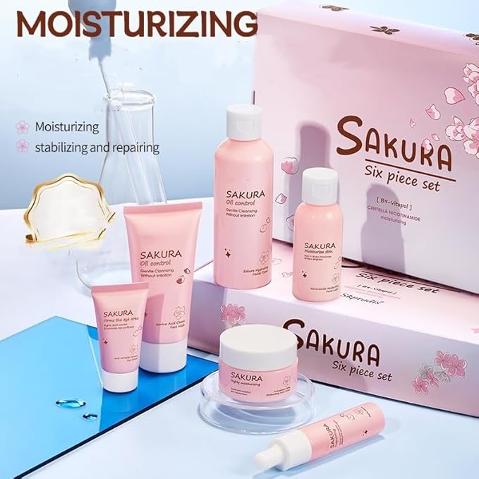 Sakura Skincare Kit Teen Girls Gifts - 6 Pcs Cherry Blossom Skin Care Set Travel Size Toiletries - Moisturize & Repair Skin, 10-12 - Facial Kit with Cleanser, Toner, Lotion, Serum, Cream & Eye Cream