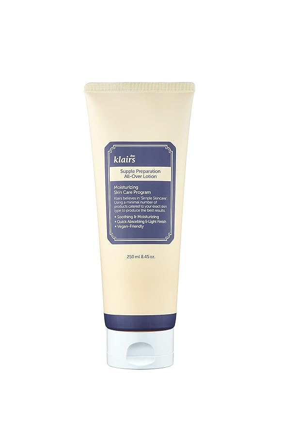 DearKlairs Supple Preparation All-over lotion, Daily face and body moisturizer, for sensitive skin, Essential oil Free, Artificial fragrance free, 250ml, 8.45oz