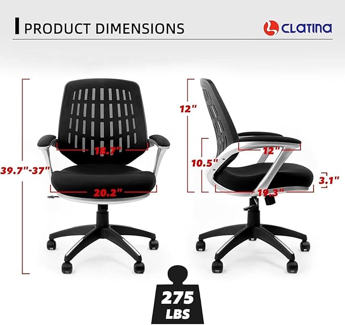 CLATINA Ergonomic Office Chair Set of 2, Mesh Mid Back Swivel Task Chair with Adjustable Height, Comfortable Thickened Seat Lumbar Support Home Computer Desk Chair for Home Working Gaming, Black