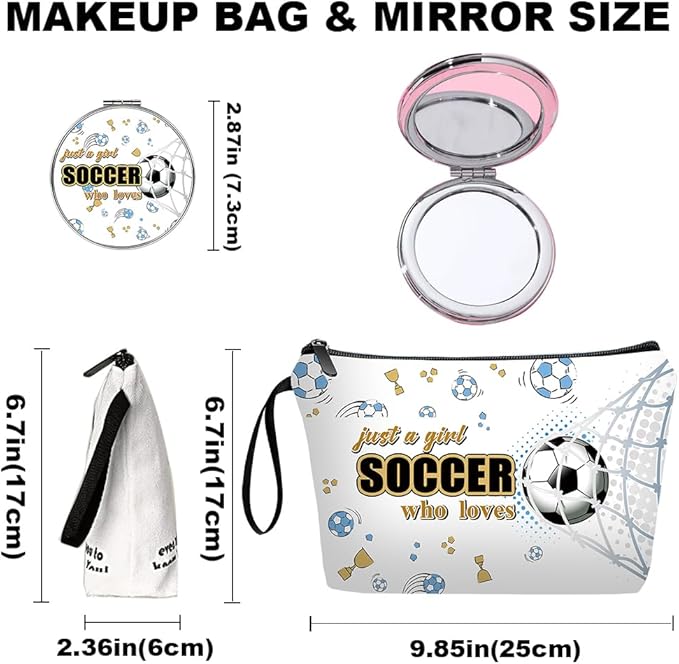 Personalized Soccer ball Makeup Bag set with Mirror for girls,Soccer Coach & Team Cosmetic bag with10 pieces pink brush kit,Football Lovers Birthday Gifts for Women Mom Female Friends