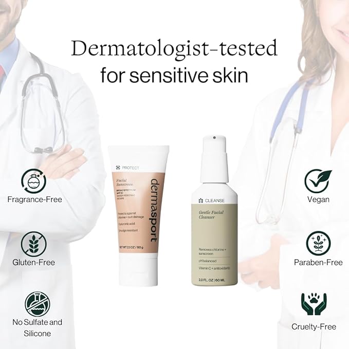 Dermasport Skin Care Set for Men and Women Athletes, SPF 50 Face Sunscreen + Gentle Cleanser, Daily Routine for Pre/Post Workout, Travel Kit, Sensitive Skin