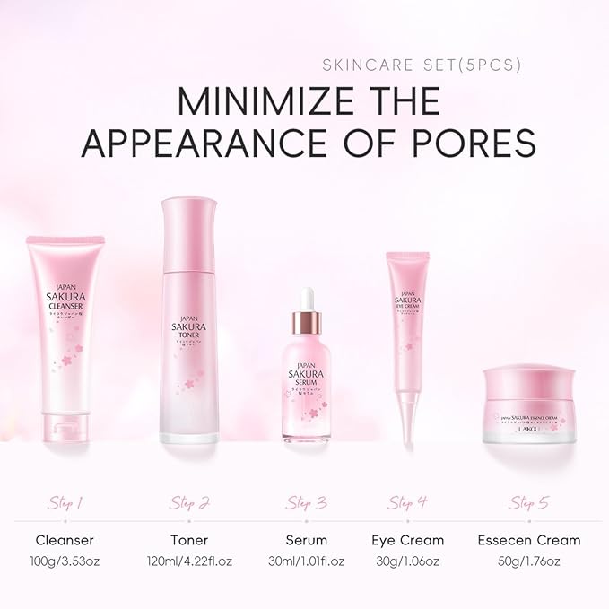 Cherry Blossom Skin Care Gift Set for Teenage Girls Women, 5 Piece Hydrating & Cleaning Skincare Sets Routine Kit with Cleanser , Toner, Serum, Eye Cream, Essence Cream Anti-Aging Skin